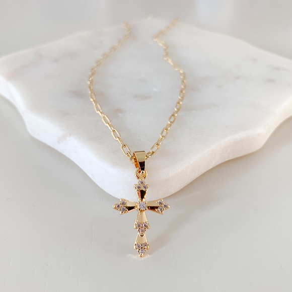 Dainty CZ Cross Necklace | 14k Gold Filled - Picture 4 of 12